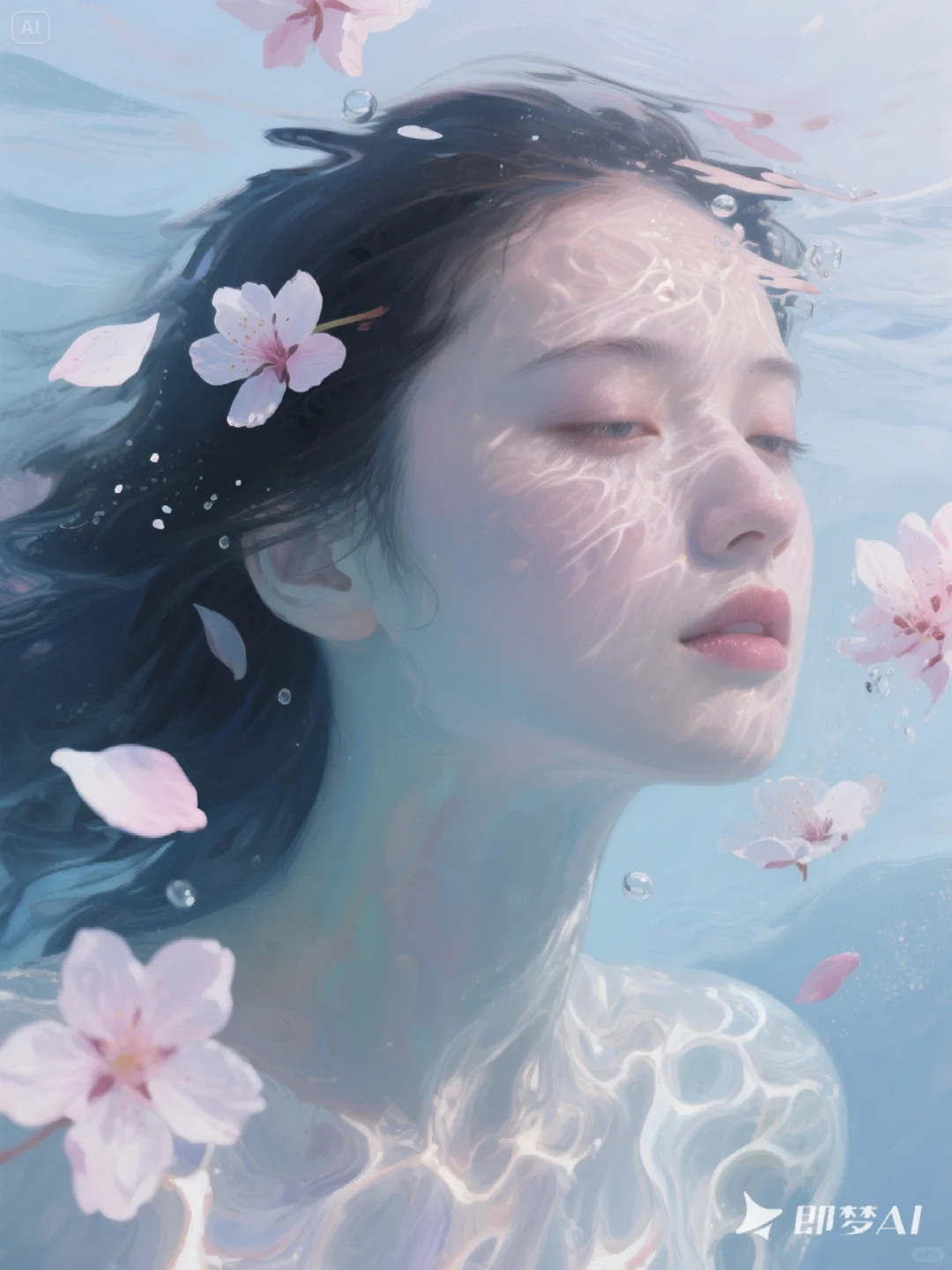 她在水里，樱花在她的脸上?