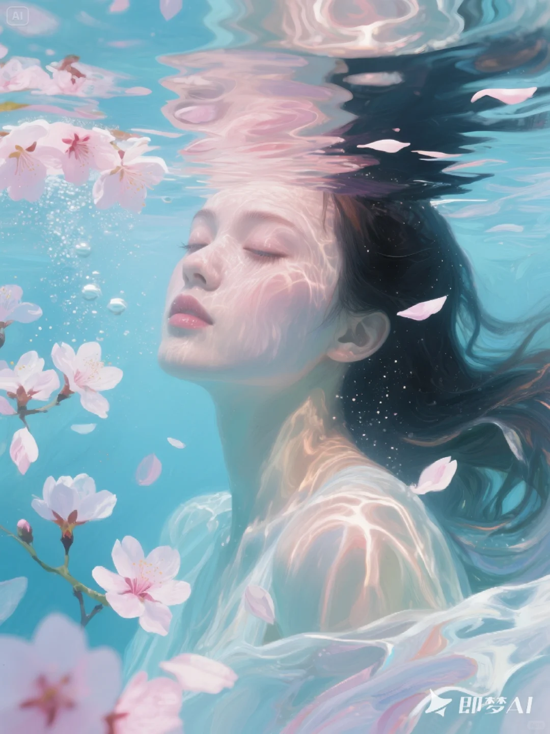 她在水里，樱花在她的脸上?
