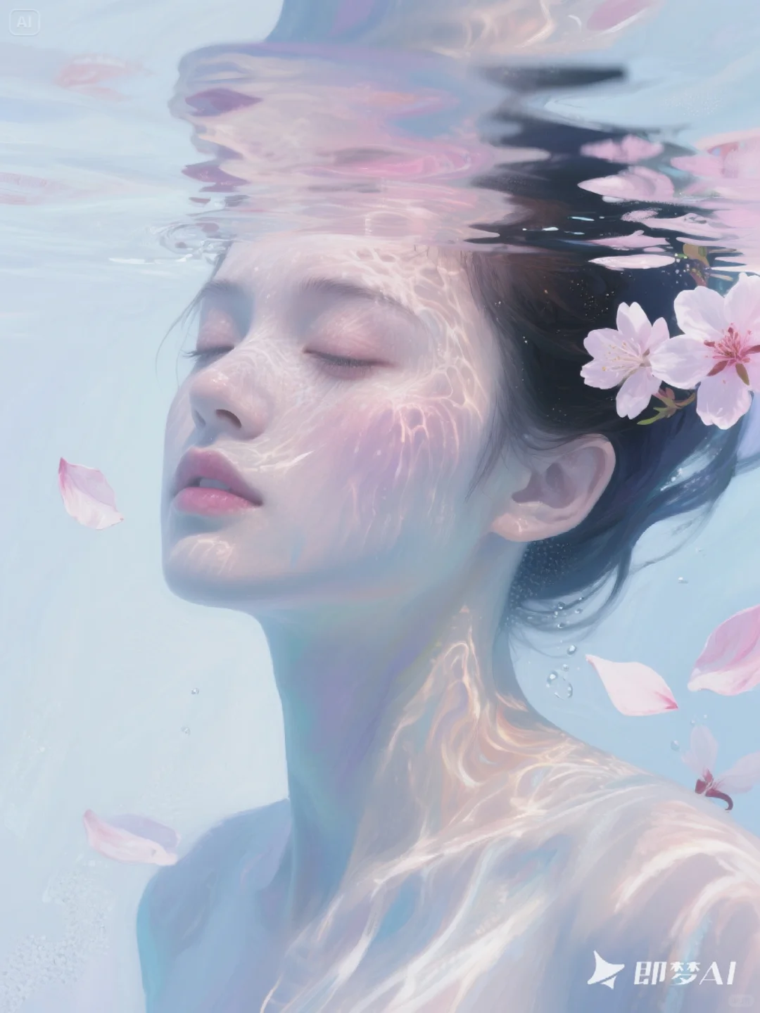 她在水里，樱花在她的脸上?