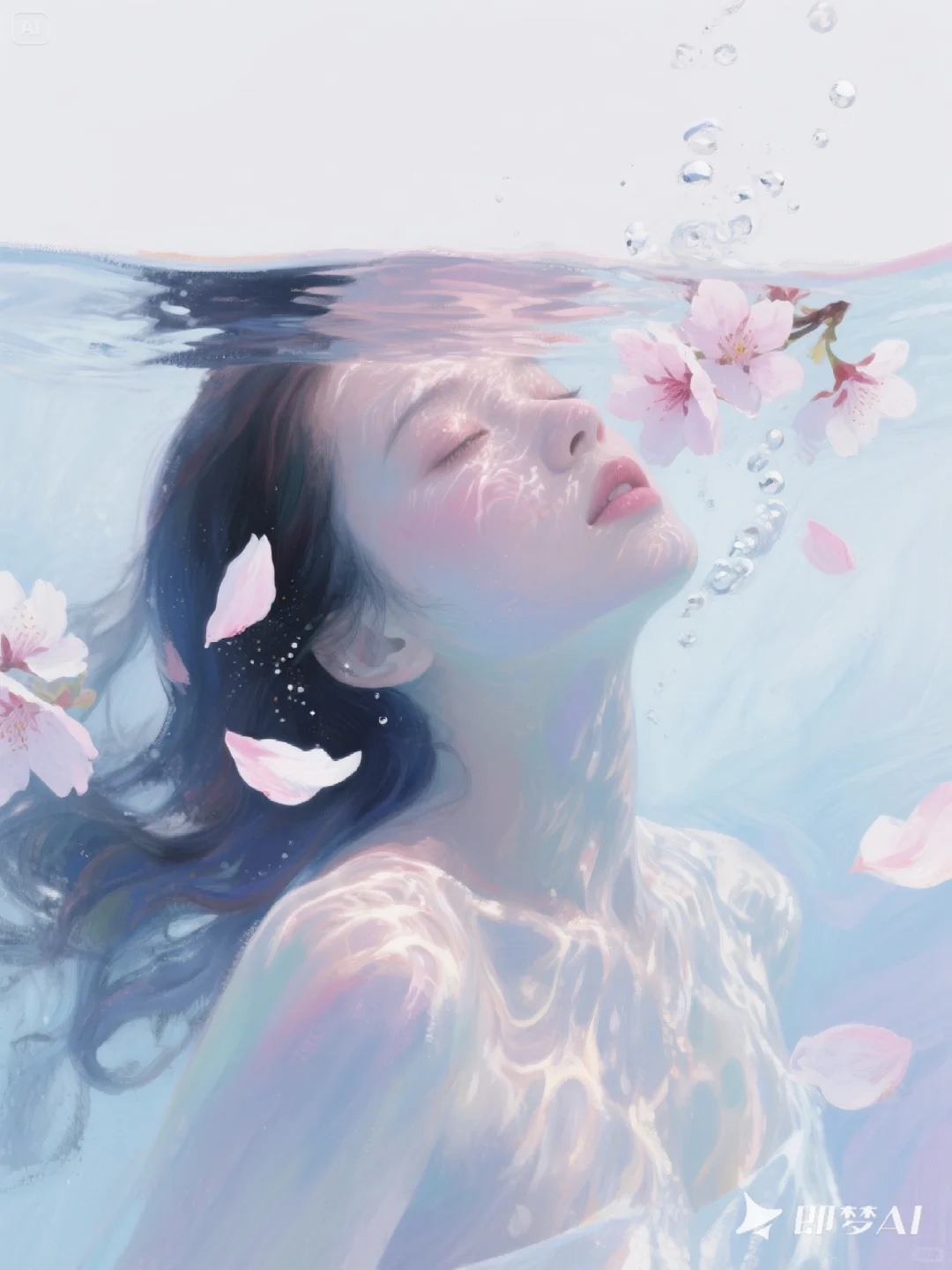 她在水里，樱花在她的脸上?