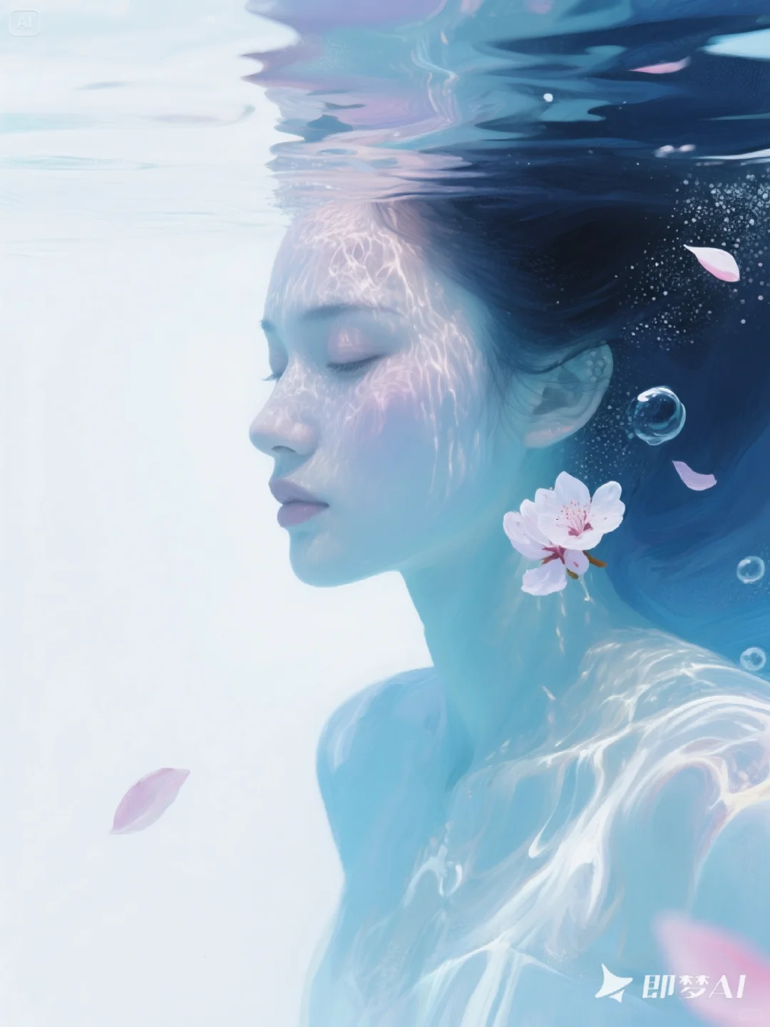 她在水里，樱花在她的脸上?