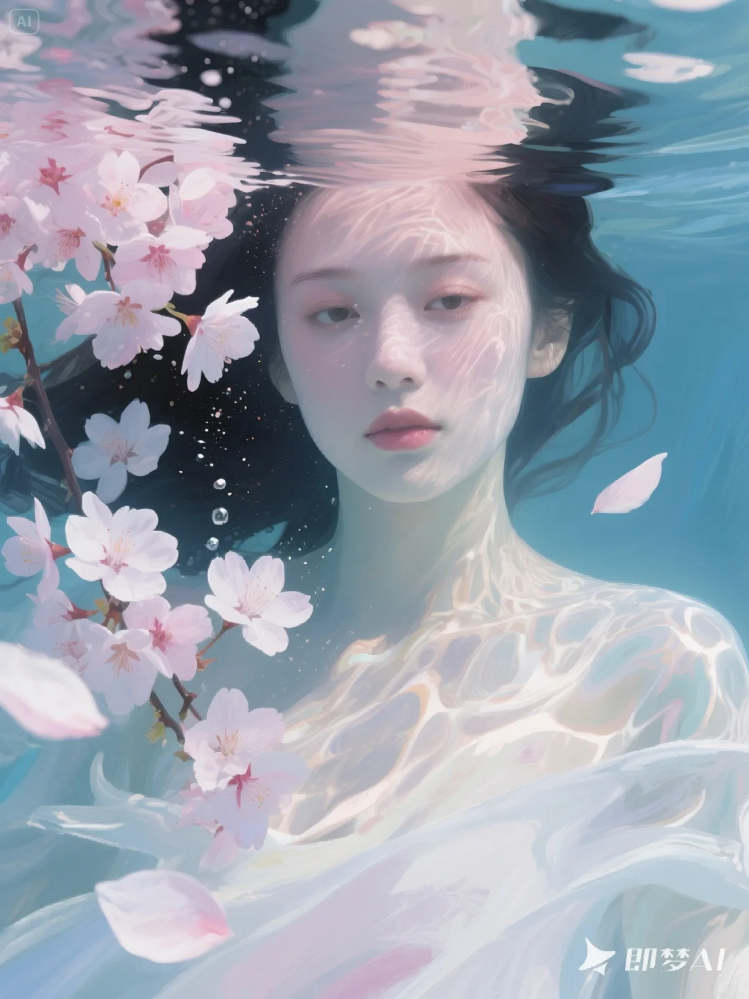 她在水里，樱花在她的脸上?