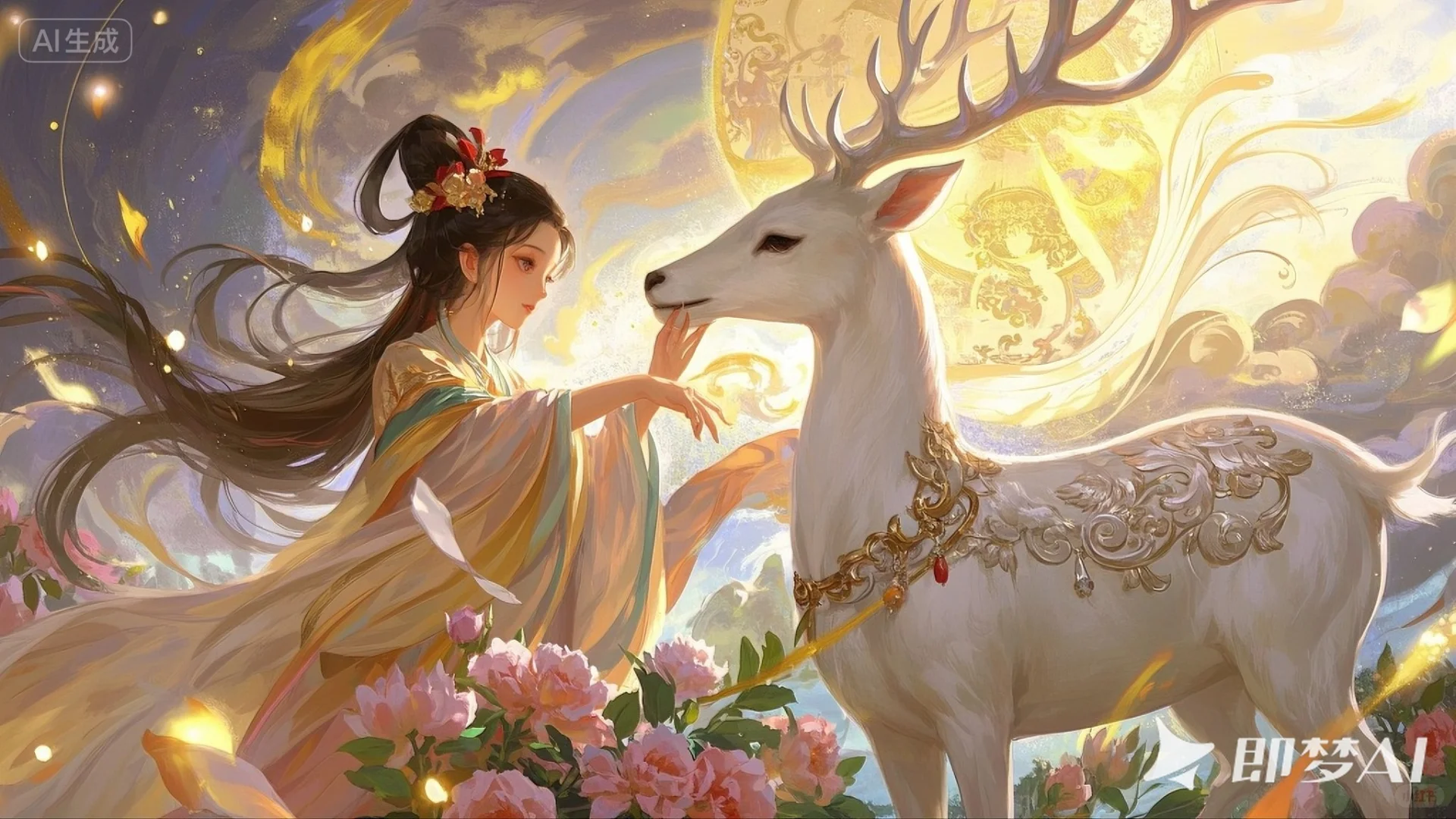 古风AI生图｜少女与白鹿