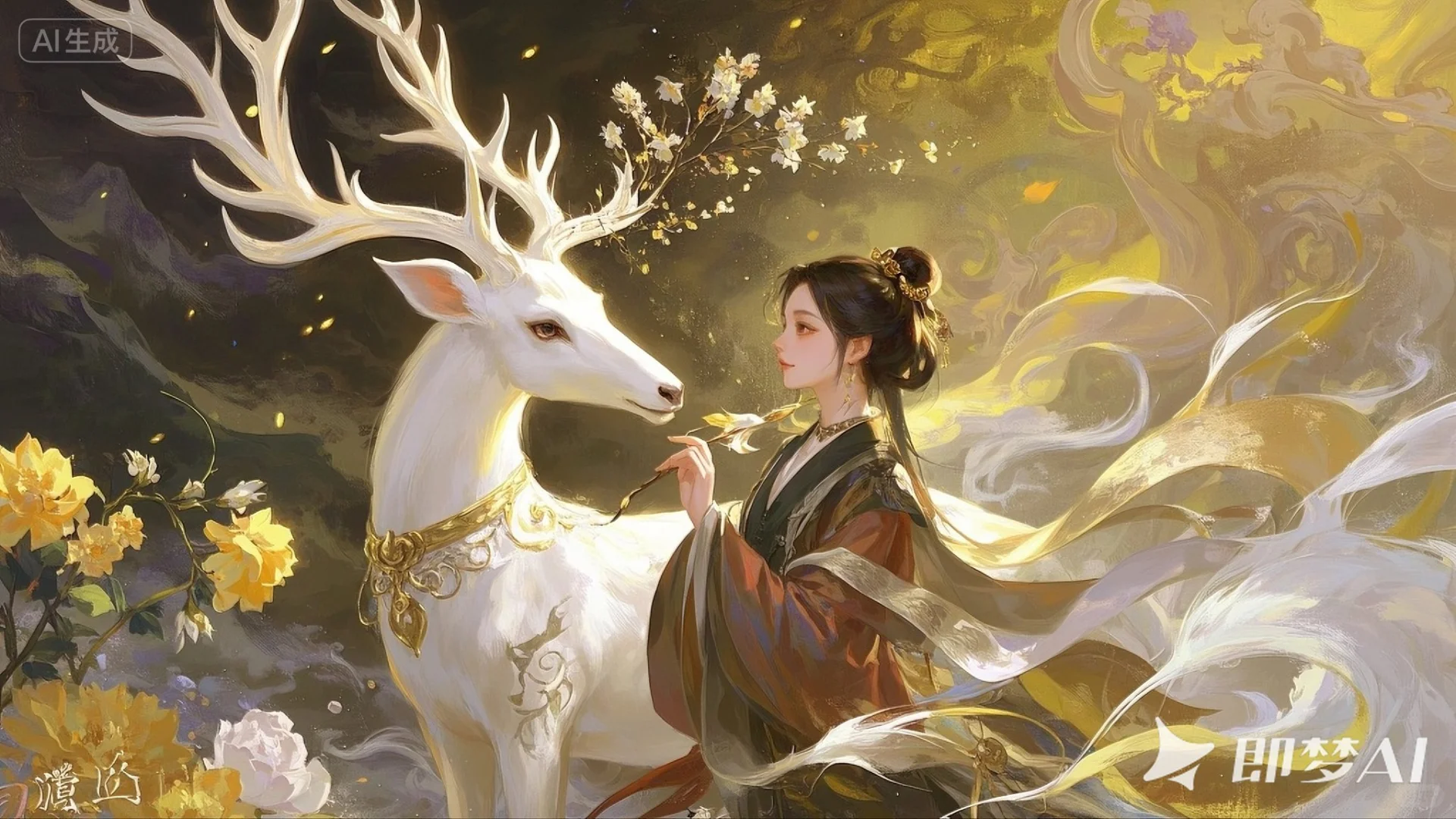 古风AI生图｜少女与白鹿