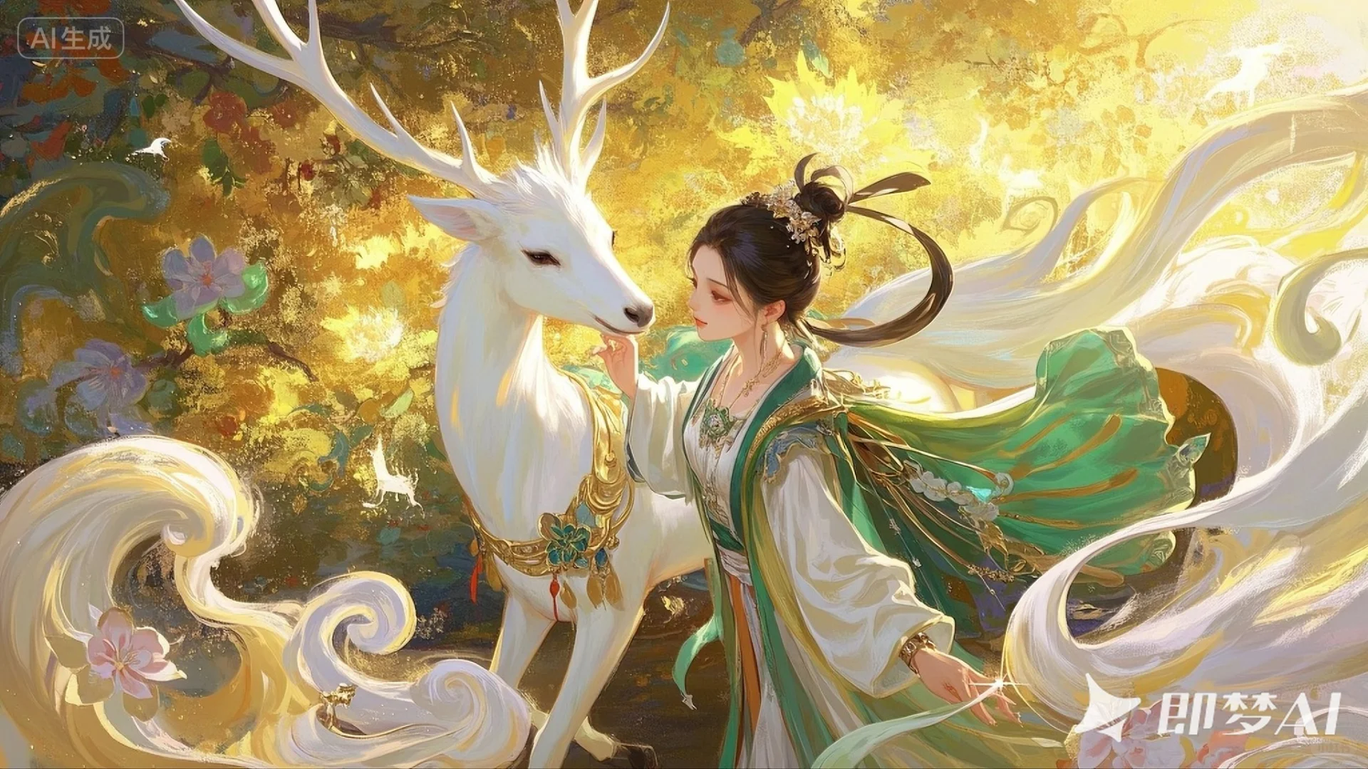 古风AI生图｜少女与白鹿