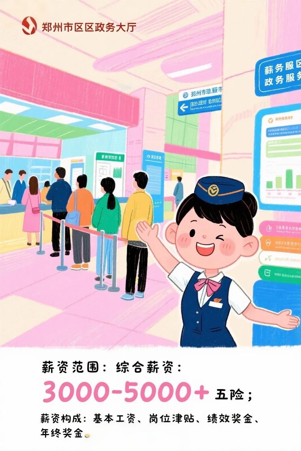 郑州市某区政务窗口岗招聘,大专可报有五险