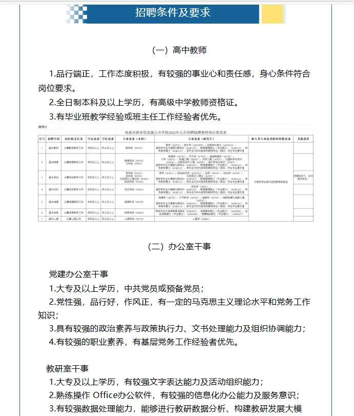 珠海市田家炳中学2025年招聘临聘教职工公告
