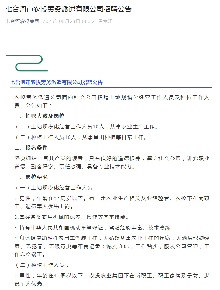 七台河市农投招聘20人