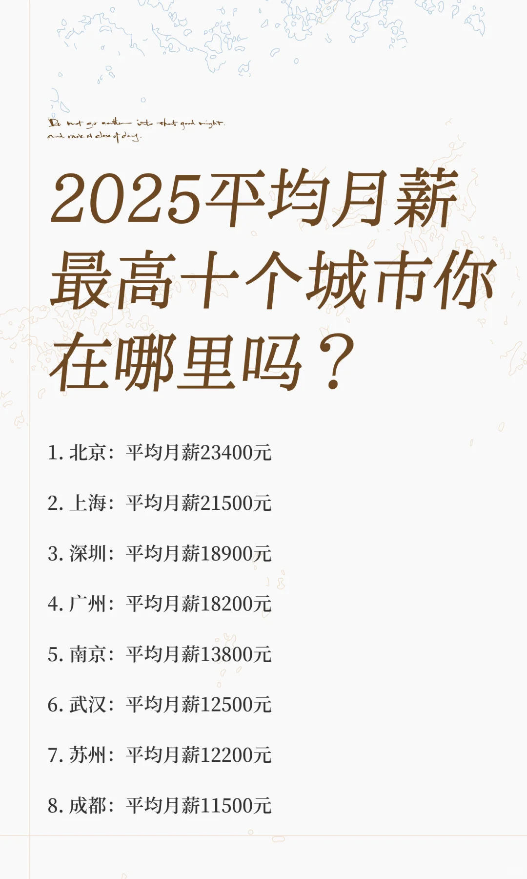 2025平均月薪最高十个城市你在哪里吗？