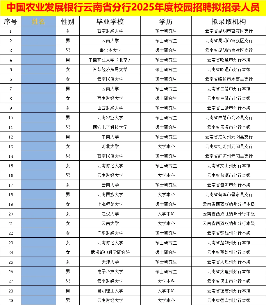 中国农业发展银行云南省分行2025年录取名单