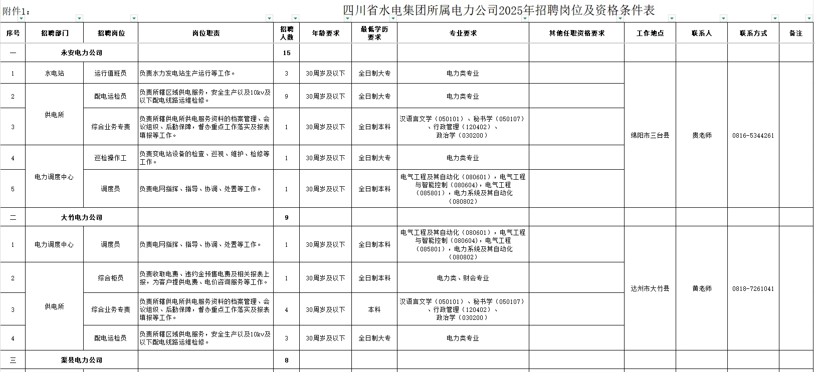 四川水电集团所属电力公司2025员工招聘公告