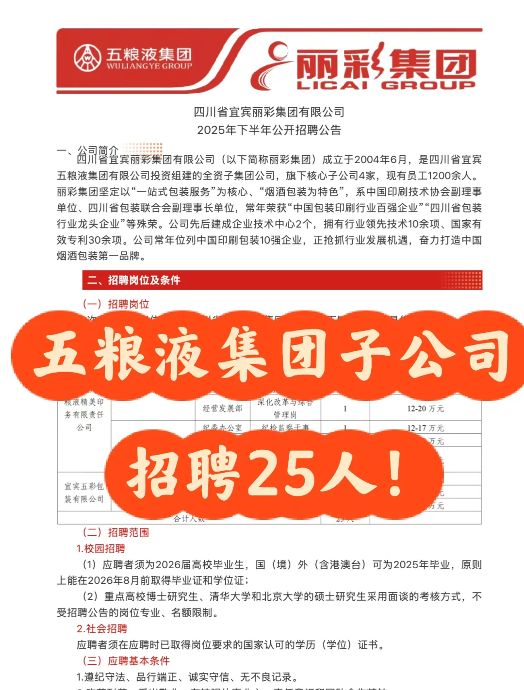 五粮液集团子集团招聘25人!