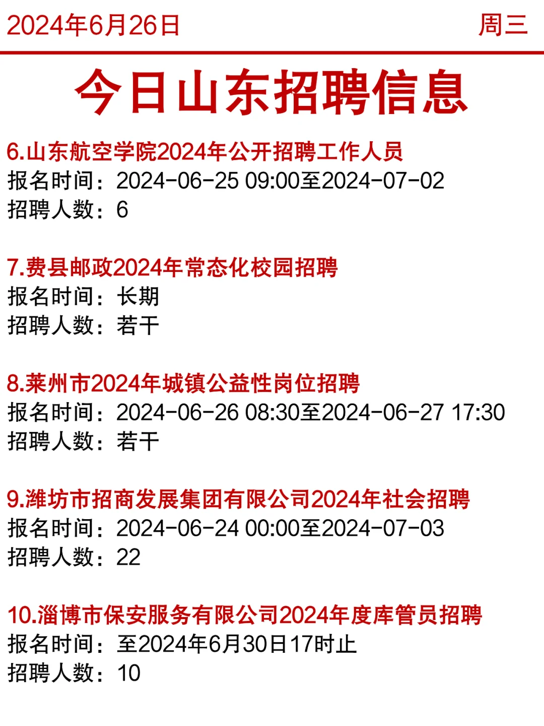 今日山东招聘信息！