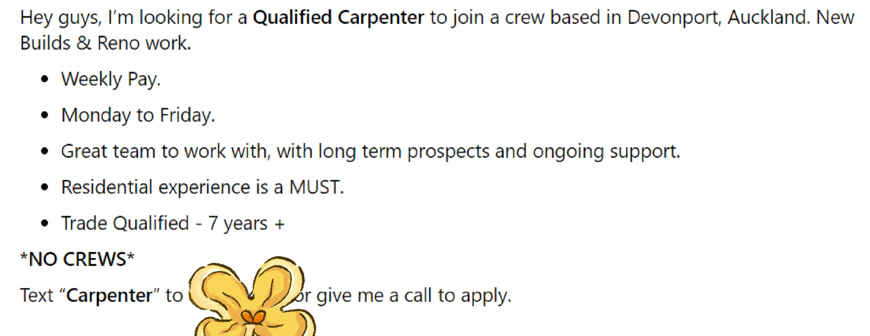 奥克兰招聘carpenter