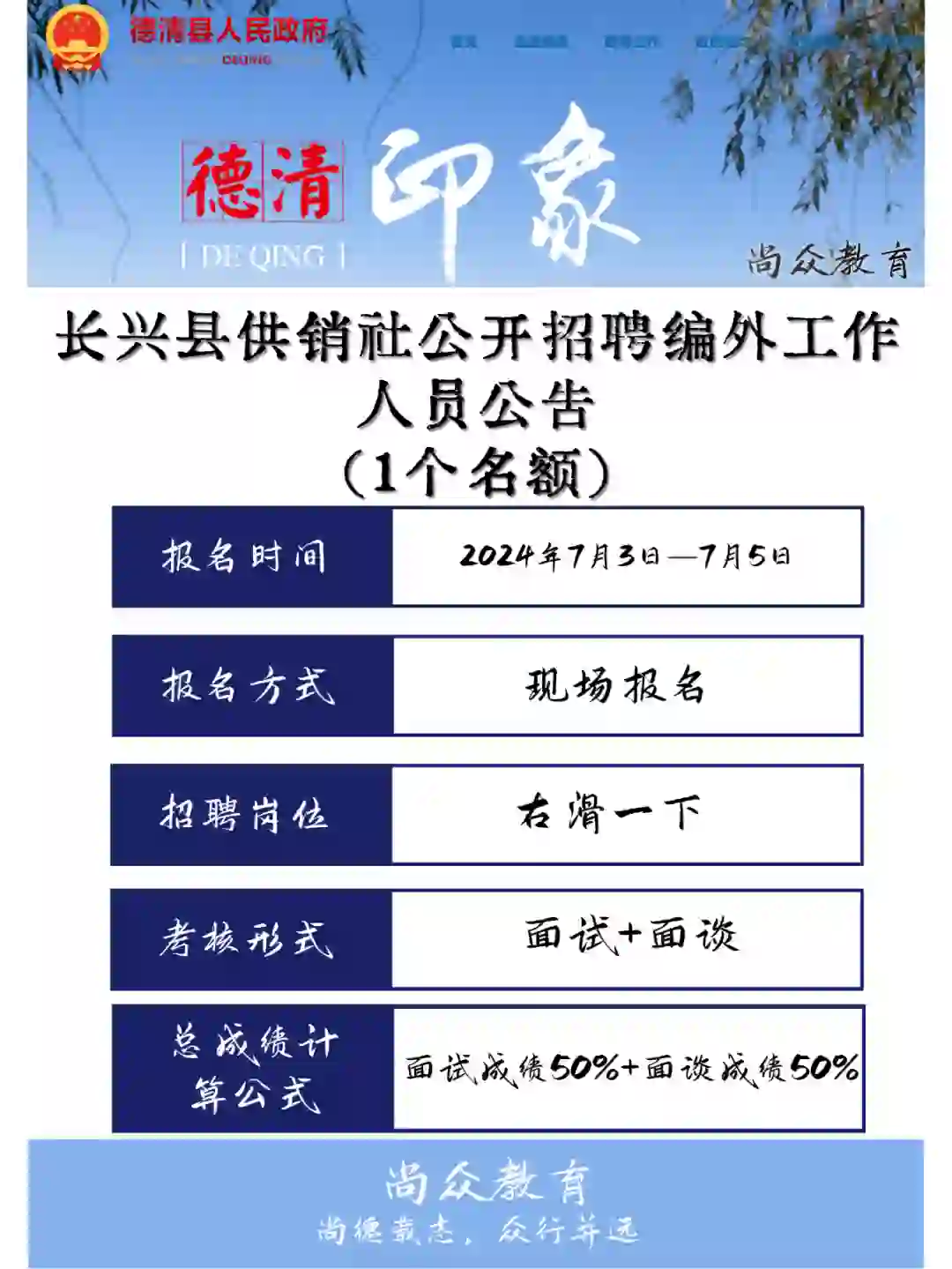 长兴县供销社公开招聘编外工作人员公告 1人