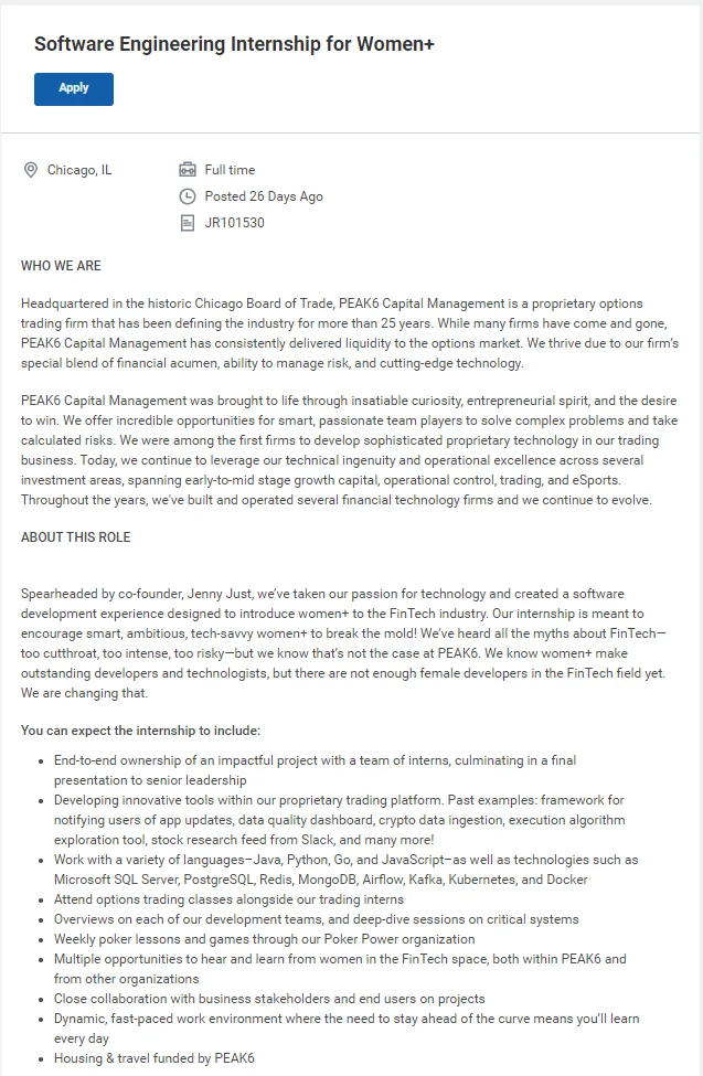 针对女性开放的Software Engineer 岗位