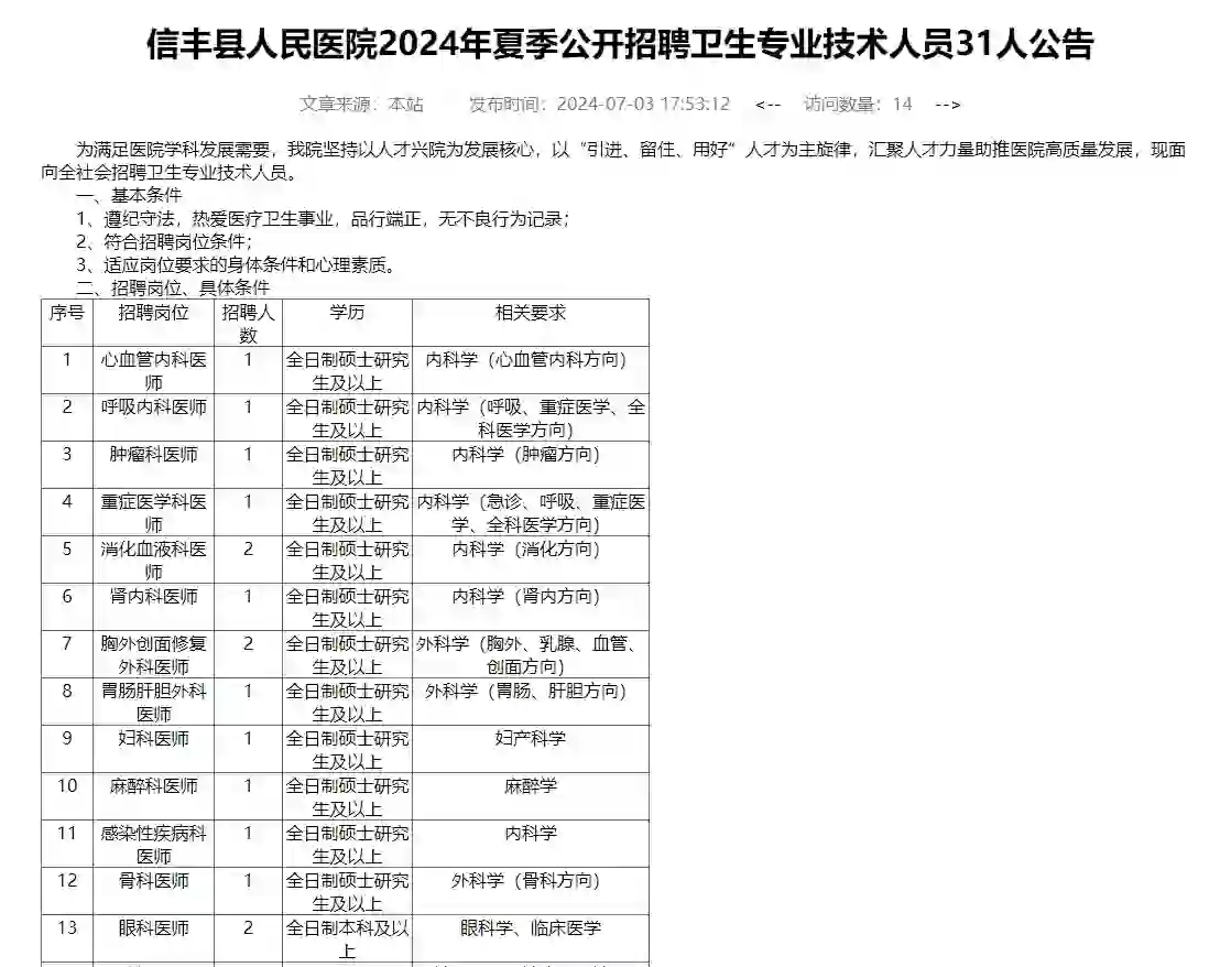 信丰县人民医院招聘卫生专业技术人员31人