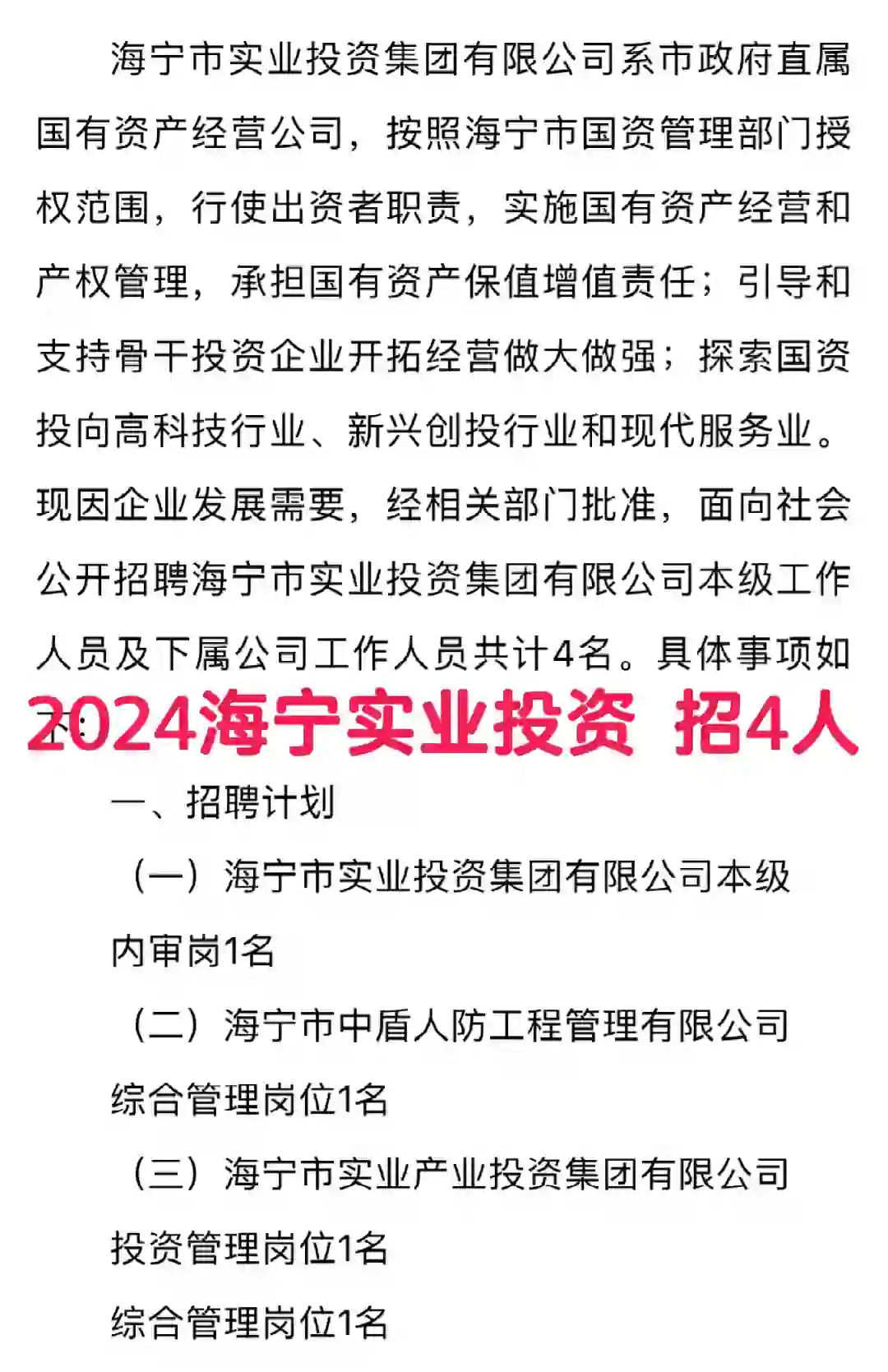 2024年海宁实业投资 招4人