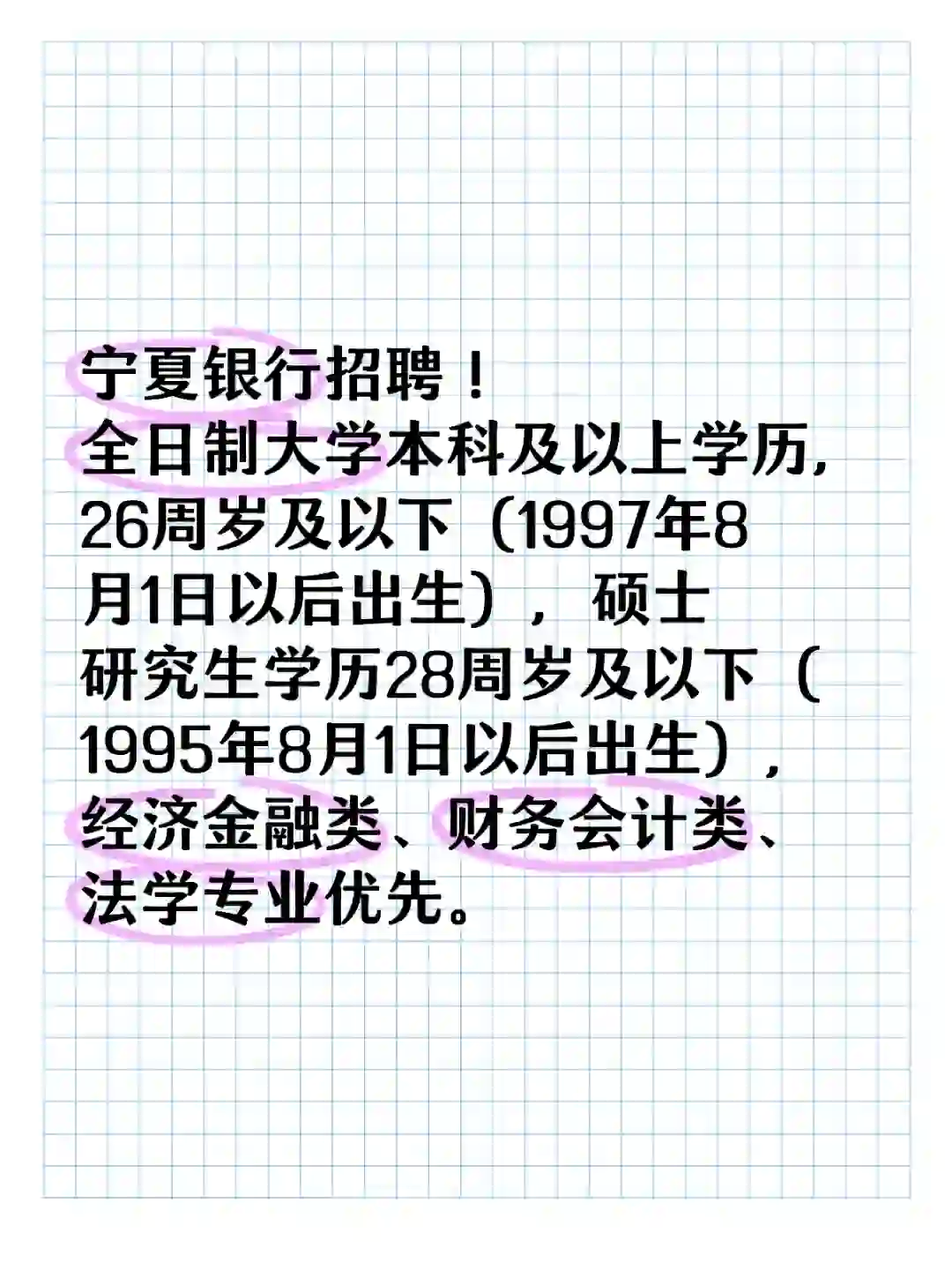 宁夏银行招聘！