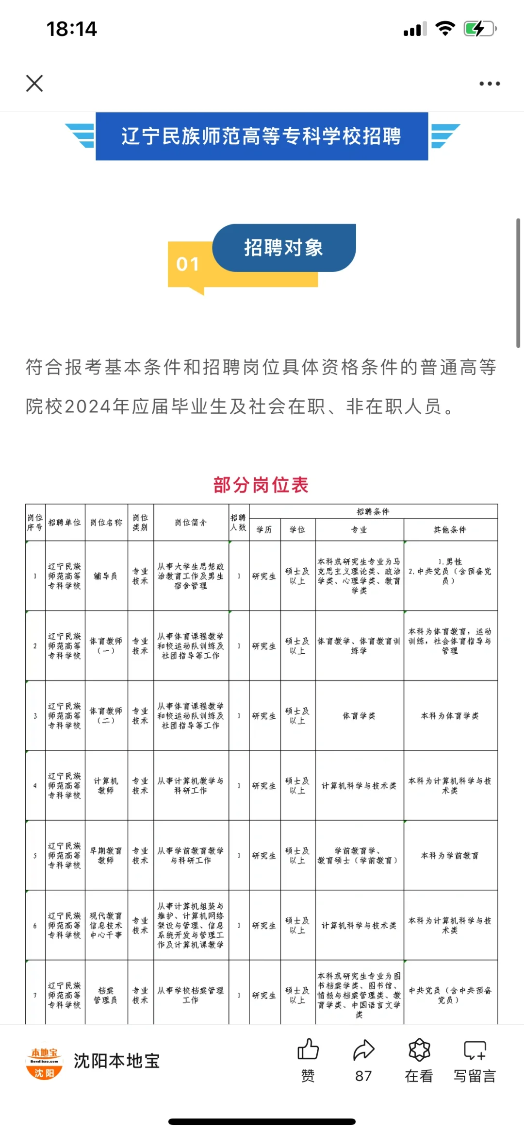 辽宁某高校招聘专科教职人员