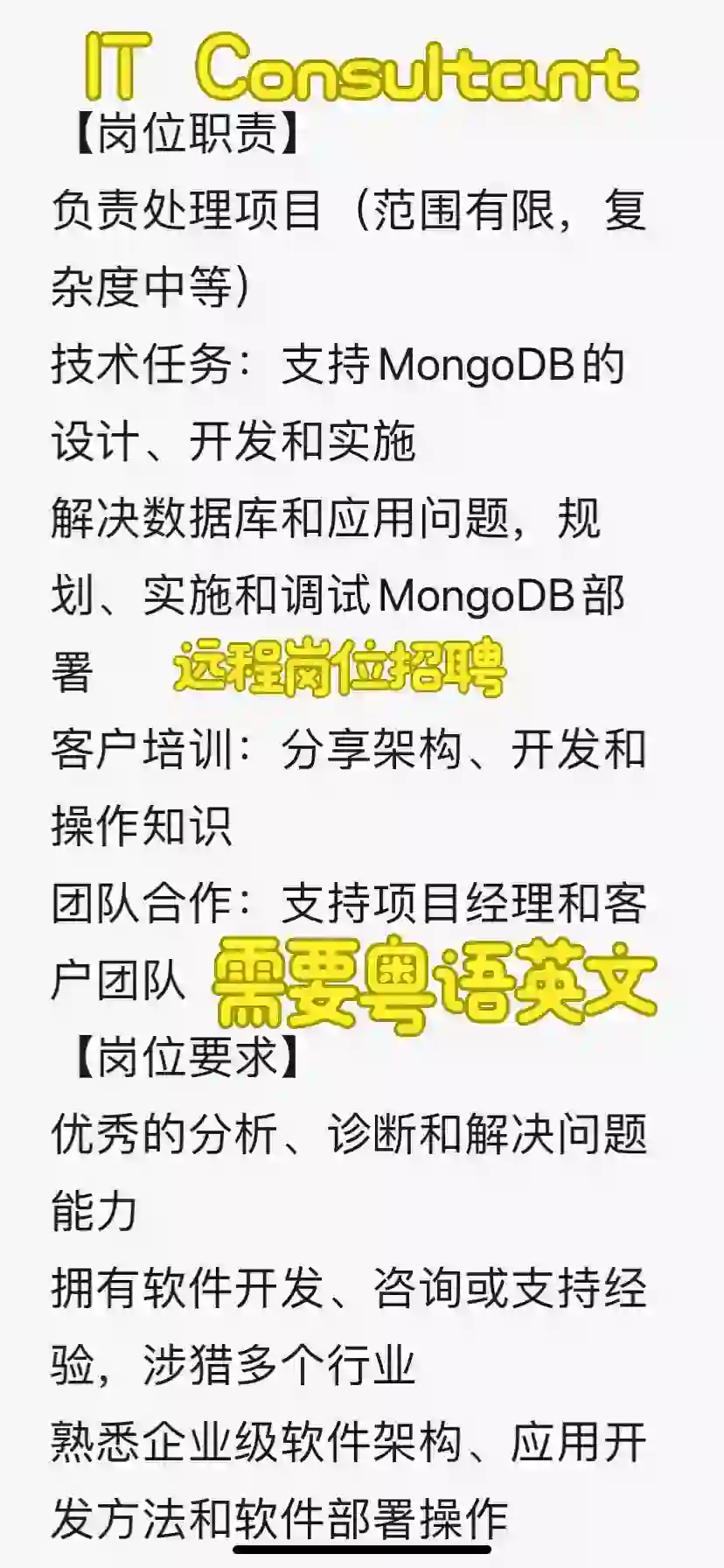 招聘一个IT顾问岗位 需要粤语英语要求