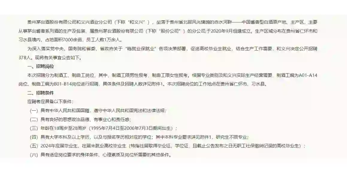 贵州茅台酒股份有限公司和义兴酒业招聘