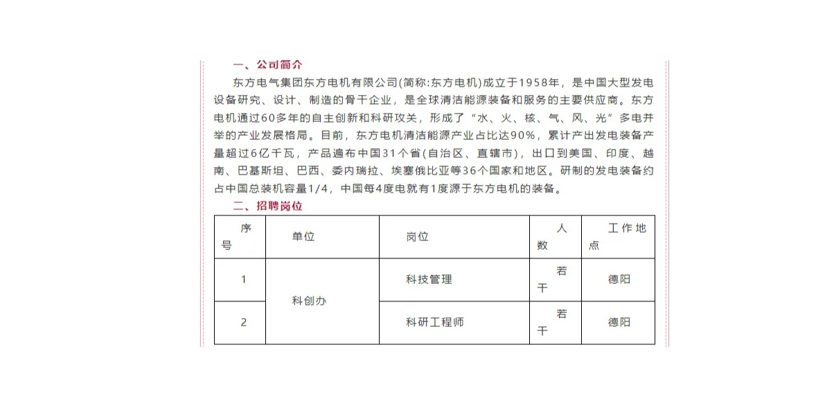 东方电气集团东方电机有限公司2024社会招聘