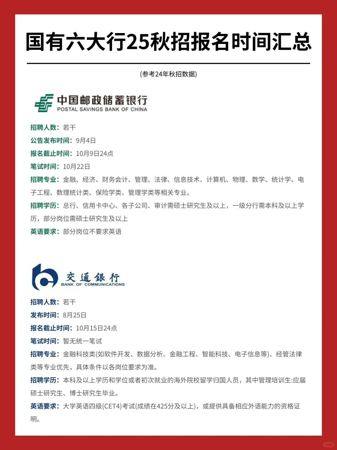 银行秋招时间已确定