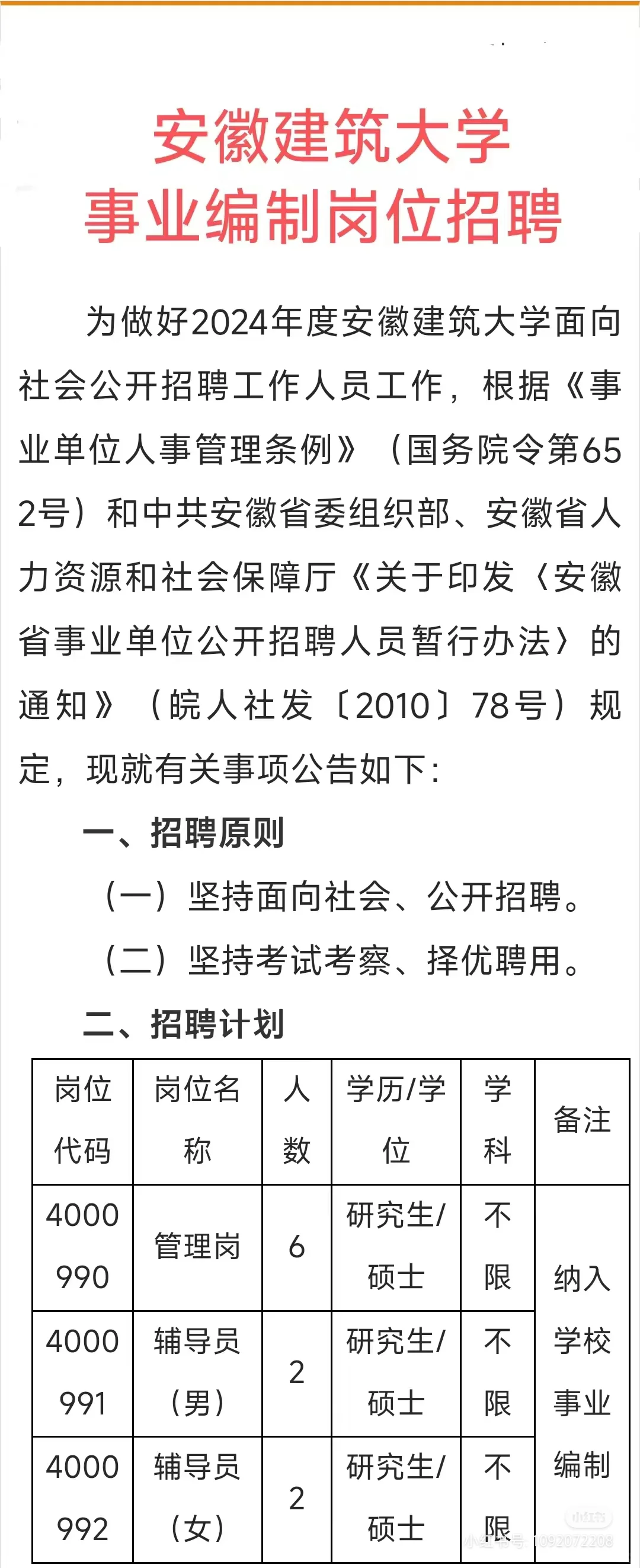 安徽建筑大学事业编织岗位招聘