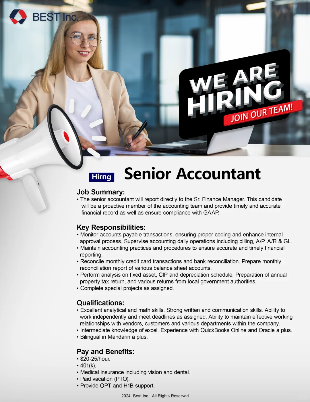 招聘全职高级会计师，坐标加州Chino