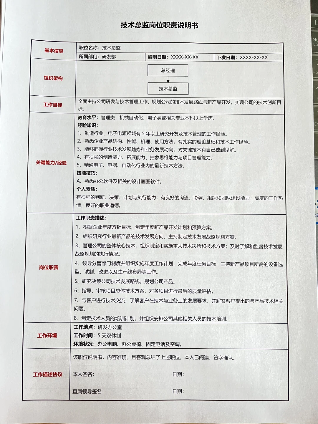 公司管理层岗位职责说明书
