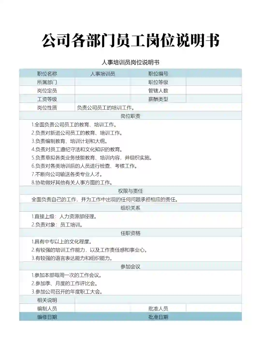 公司各部门员工岗位说明书