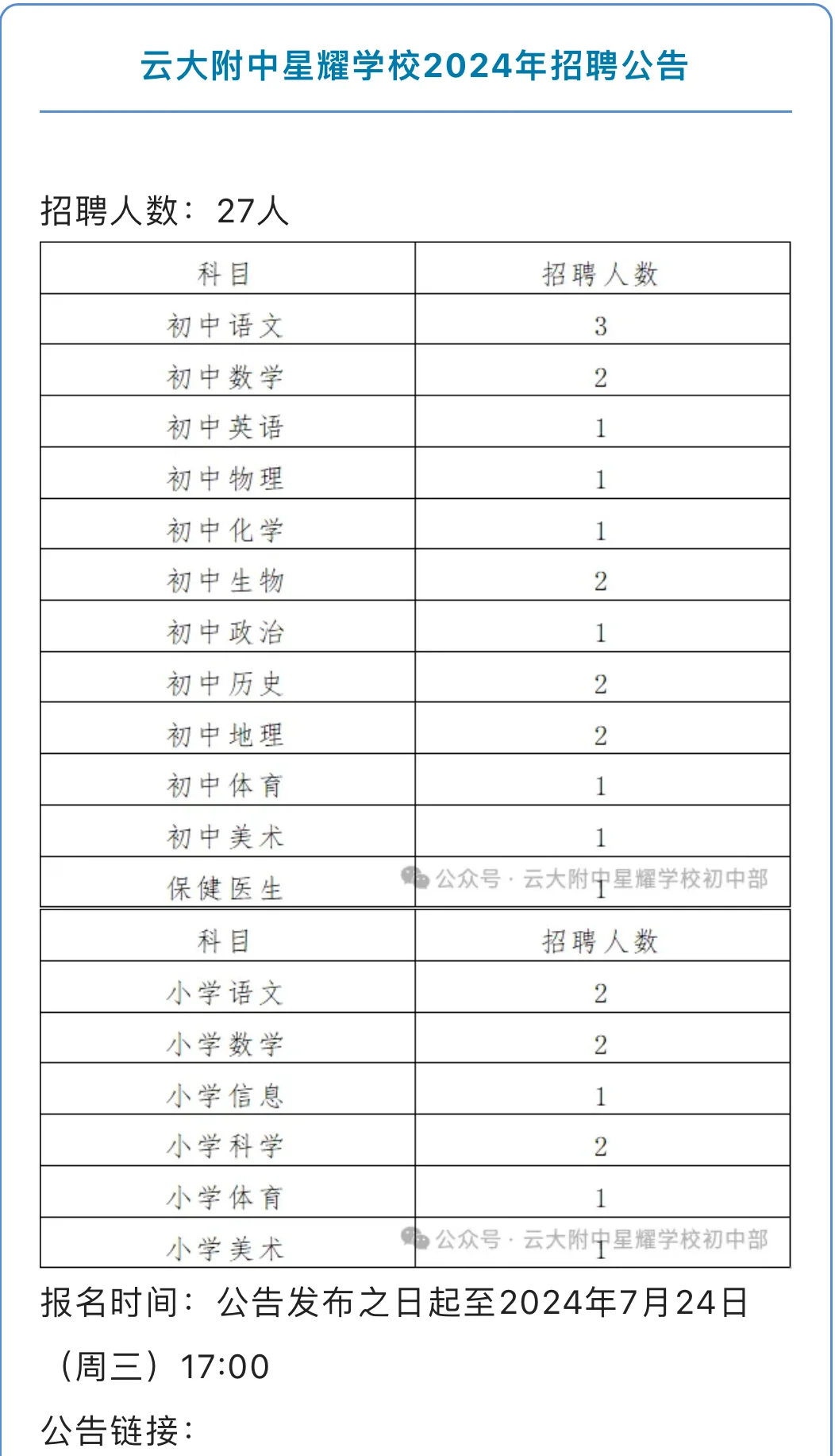 云大附中星耀学校2024年招聘公告