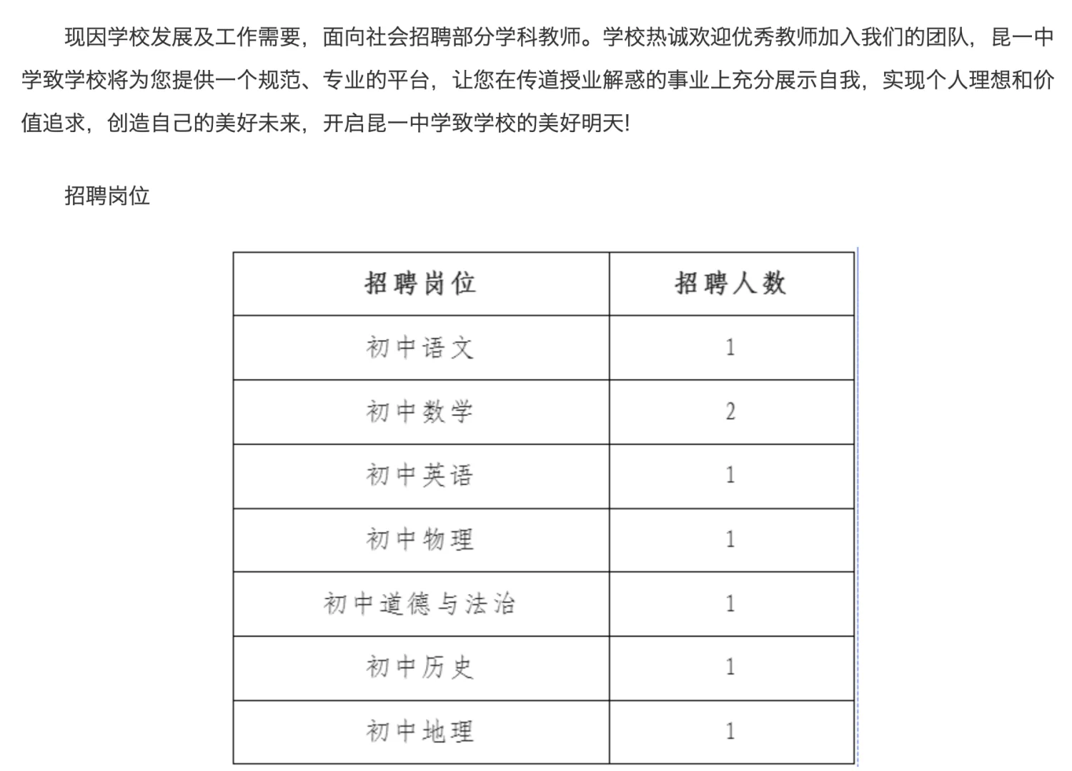 昆一中致学学校教师招聘公告