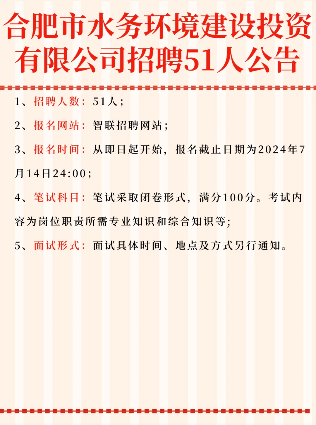 合肥市水务环境建设投资有限公司招聘51人
