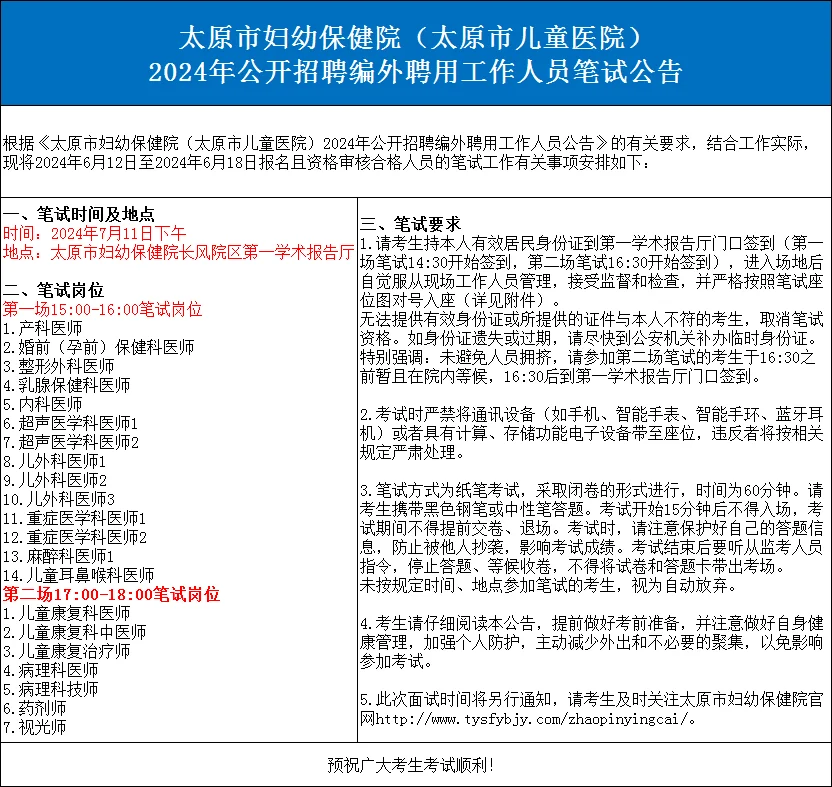 太原市妇幼保健院/市儿童医院招聘笔试时间