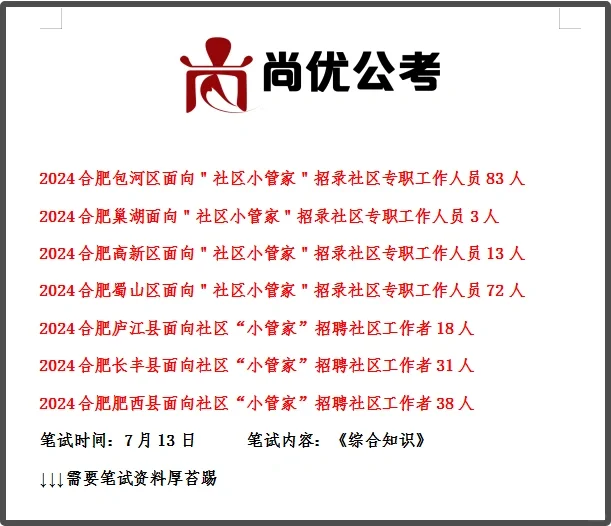 合肥面向小管家招聘社区工作者公告