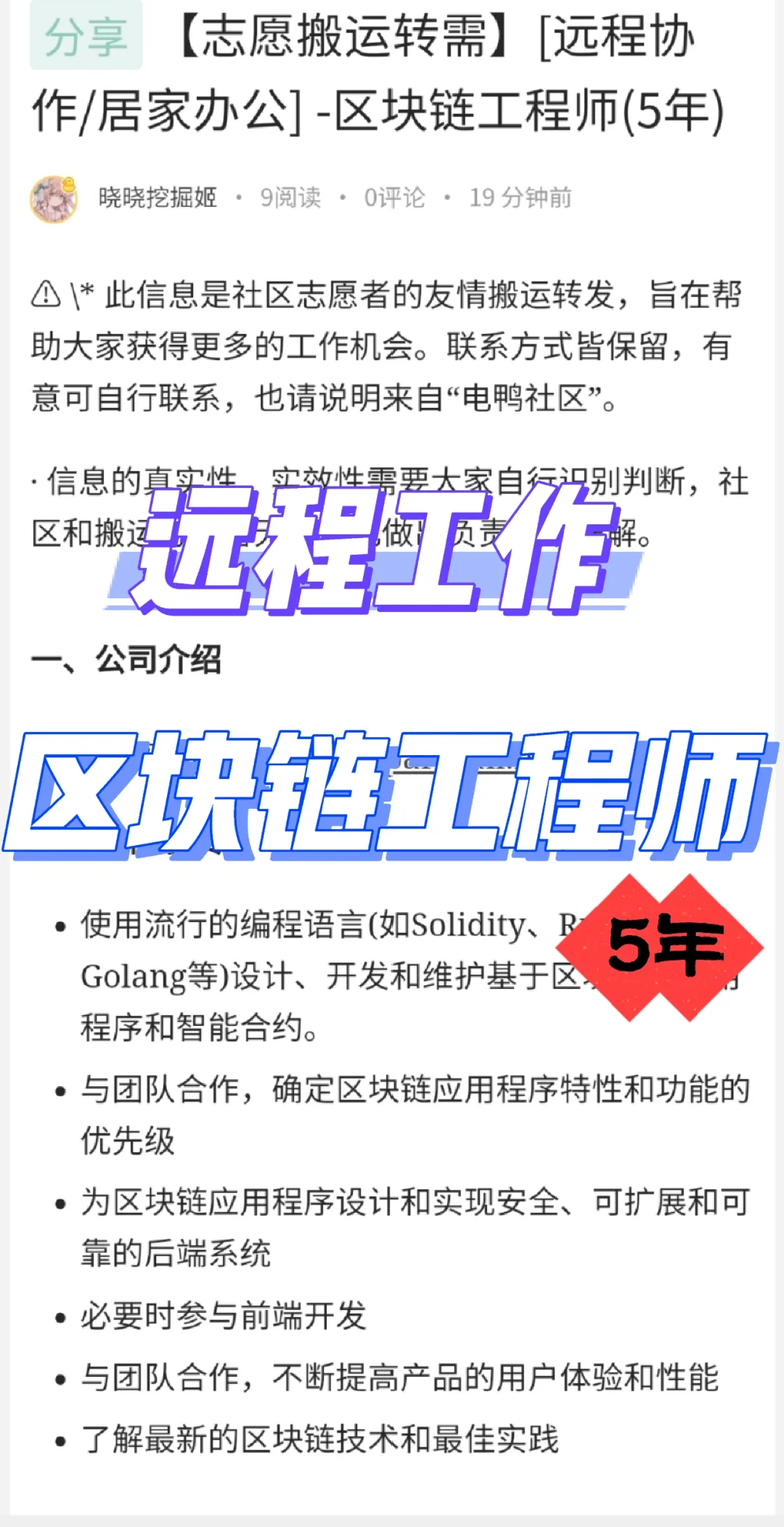 远程工作——区块链工程师（5年）