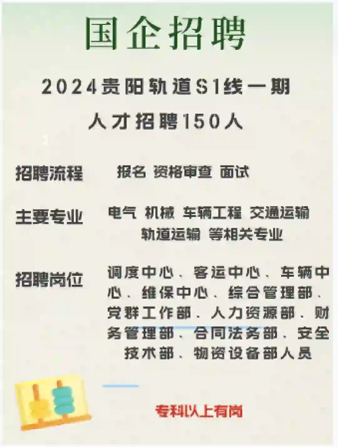 贵阳市轨道S1号线招聘150人（第四批）