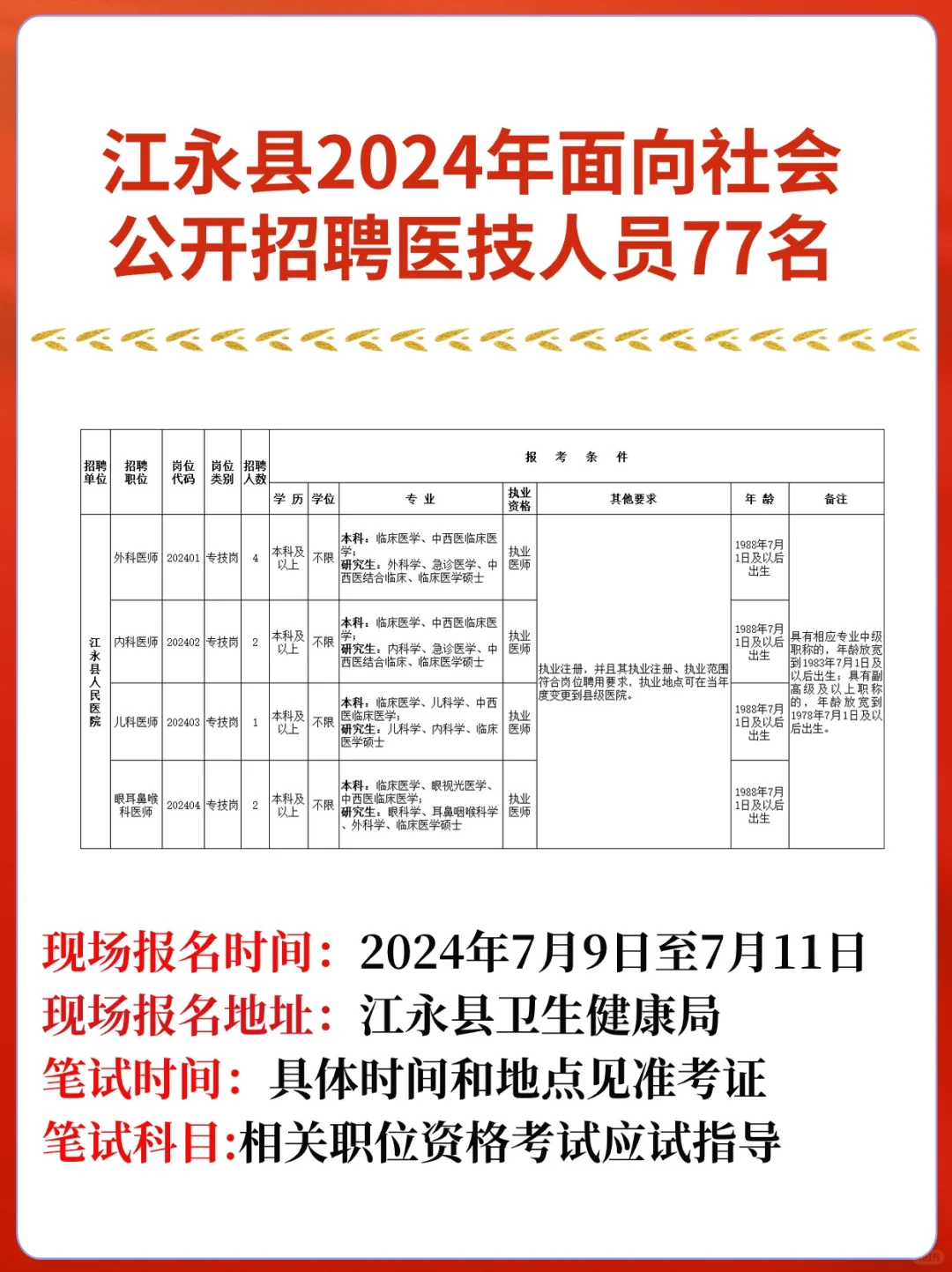 江永县医疗卫生系统招聘77人！