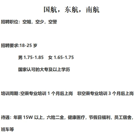 国航，东航，南航招聘空乘，空警