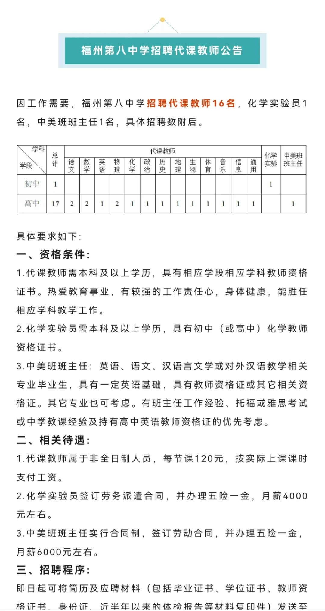 福州八中招聘教师16名！每节课120