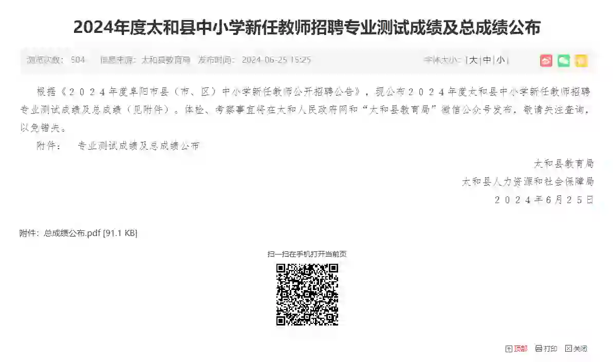 2024年太和县教师招聘面试综合成绩公布！！