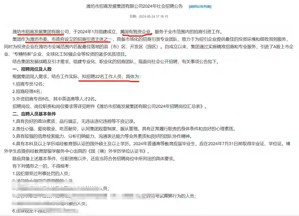 潍坊市属国企，潍坊招商发展集团招聘22人