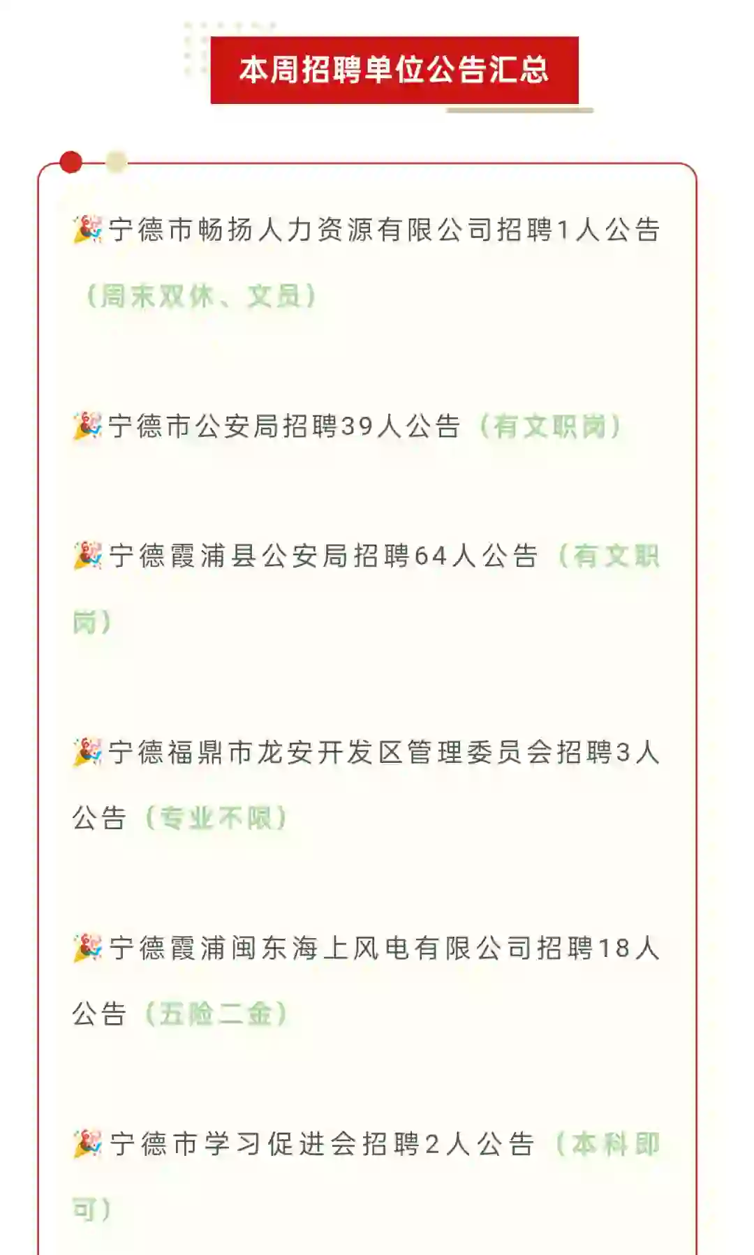 宁德招聘267人！有双休！