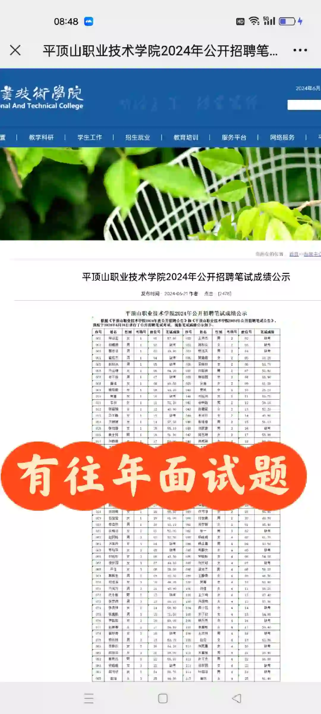 平顶山职业技术学院2024年公开招聘笔试成绩