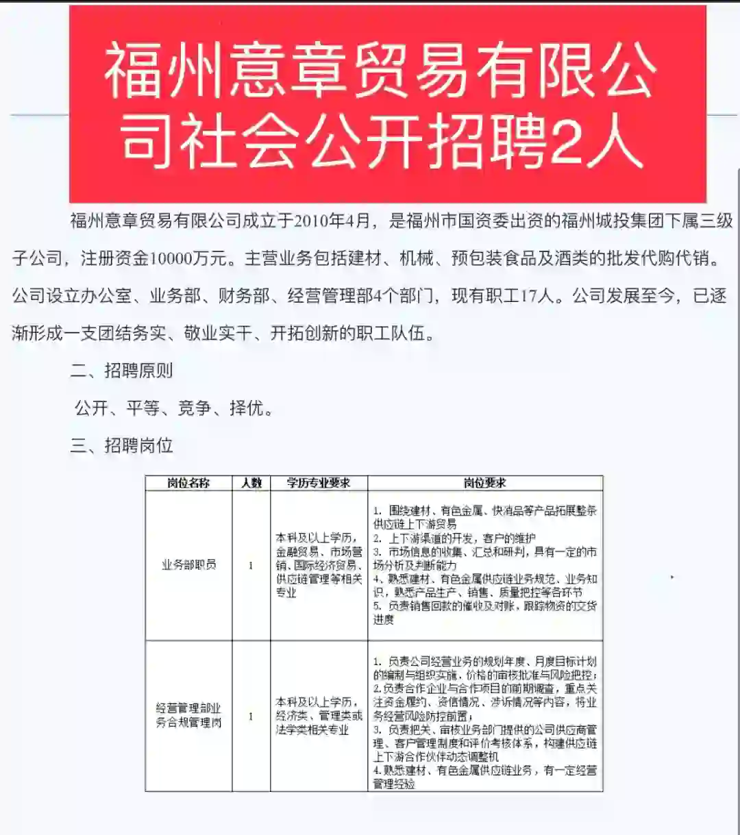 福建国企招聘2人，仅面试。