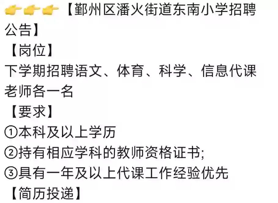 鄞州区潘火街道东南小学招聘公告