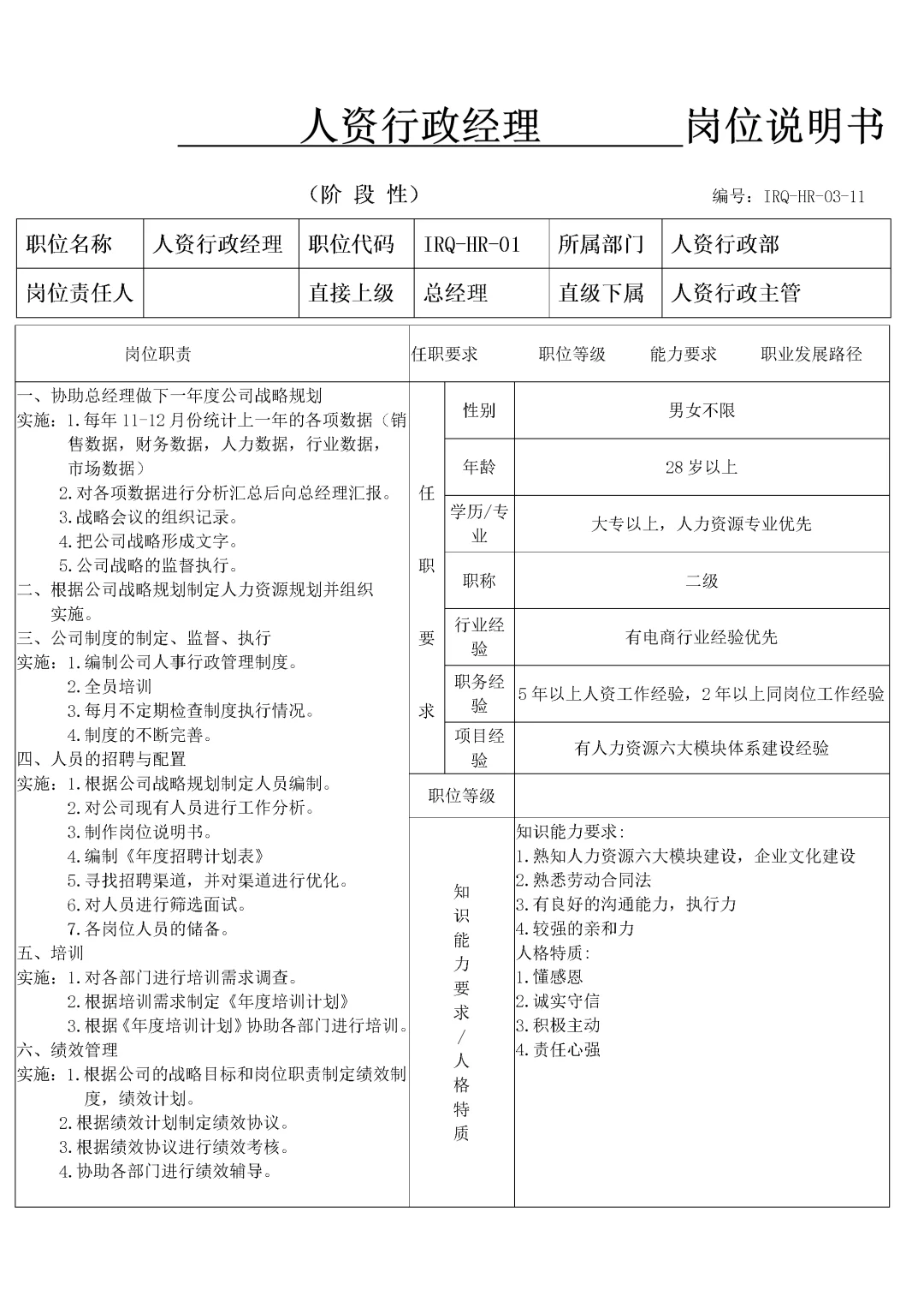 人力资源-人事行政经理岗位职责及团队运营