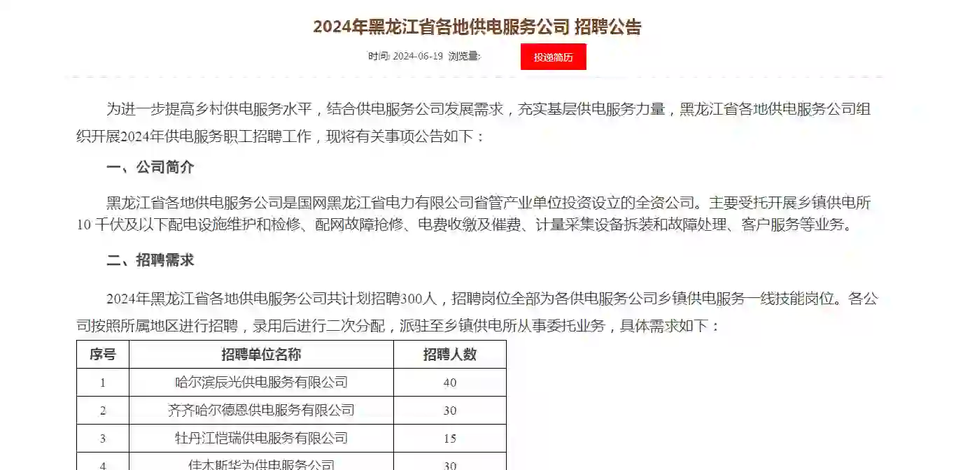 黑龙江省各电力公司招聘